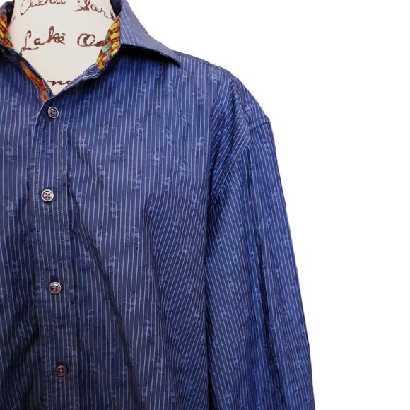 Robert Graham Blue Button Down Shirt Long Sleeve Striped Silk Print Size XL - Picture 5 of 9